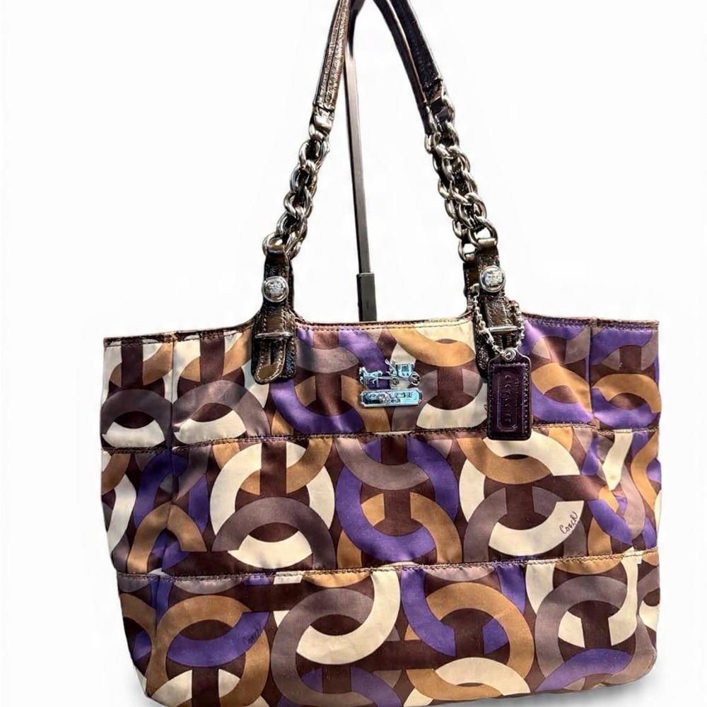 Coach Multicolor Brown Purple Geometric Tote with Chain Handles